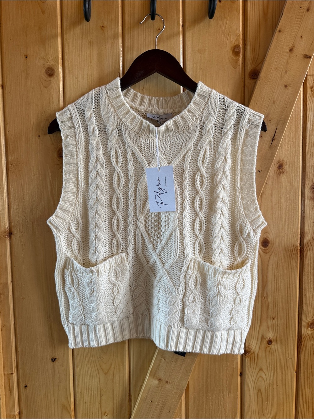 Polagram Cable Knit Sleeveless Sweater Vest - Cream